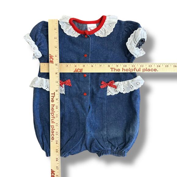 Vintage Buster Brown 12M‎ Baby Romper Denim Puff Sleeve Lace Trim Red Bow USA - Picture 3 of 8